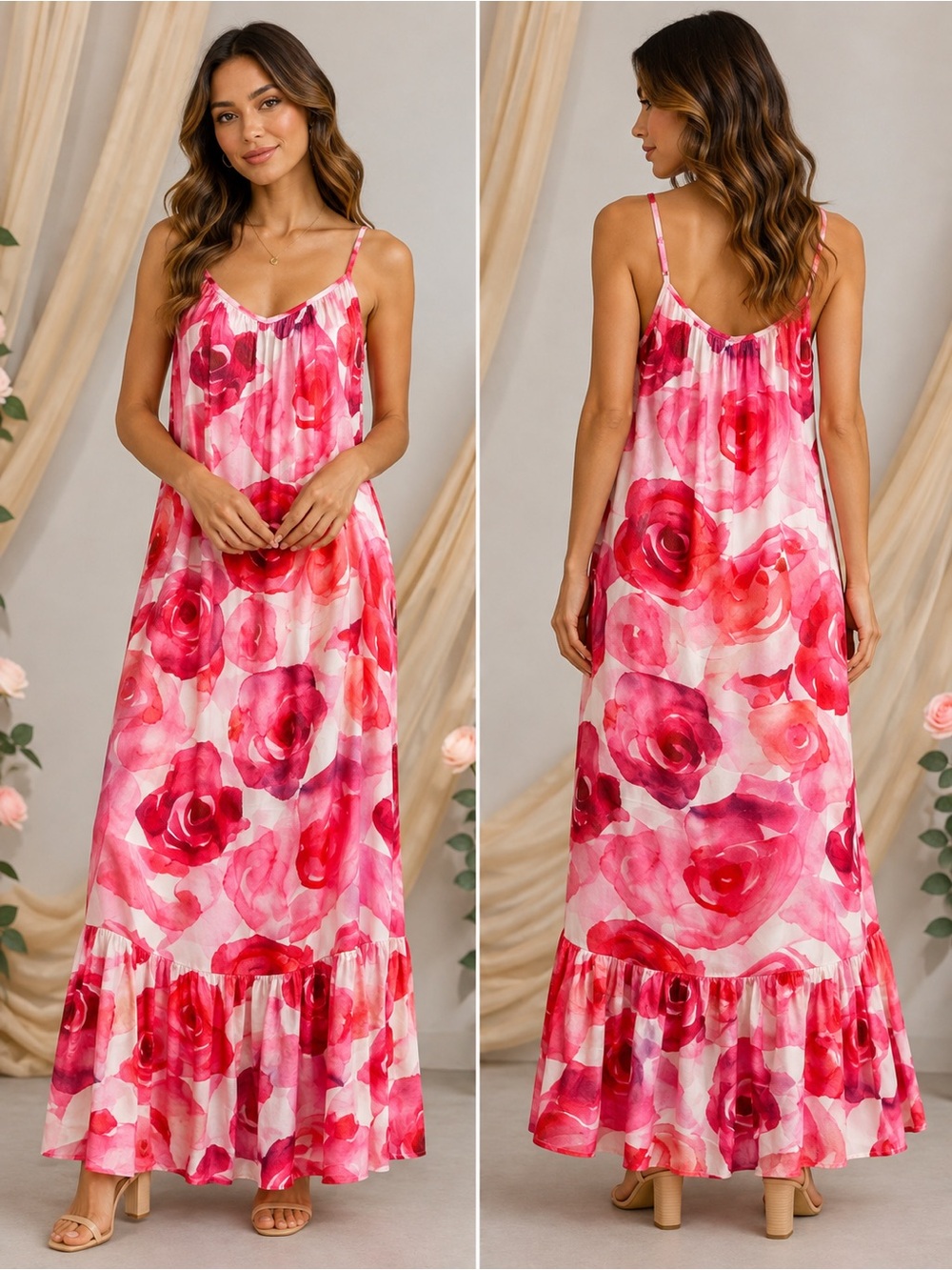 S·DEER Pink Rose Floral Tiered Maxi Dress Size Large NWT